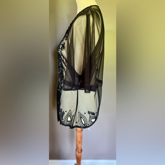 Vintage 90s Black Beaded Mesh Art Nouveau Top Ribbon Bow Glam Goth Victorian - Picture 2 of 10